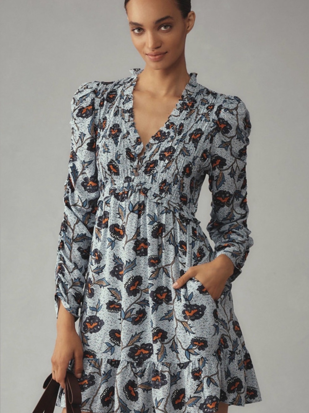 Anthropologie Ruffle Floral Mini Dress Medium Boho Puff Sleeve Cottagecore Blue